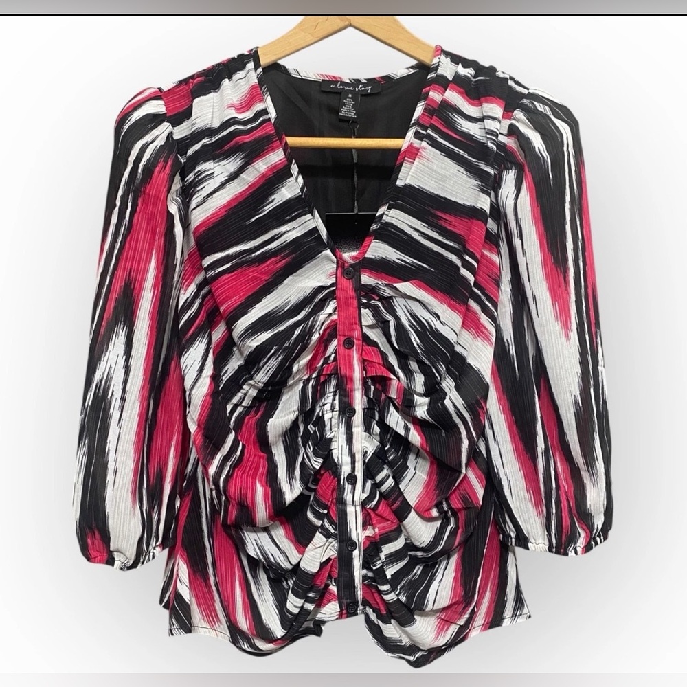 A Love Story Ruched VNeck Button Down Blouse Black, Pink, White Abstract Size XL